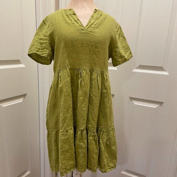 New Francesca Bettini 100% Linen Midi Dress Size L Green Tiered Design  Bohemian